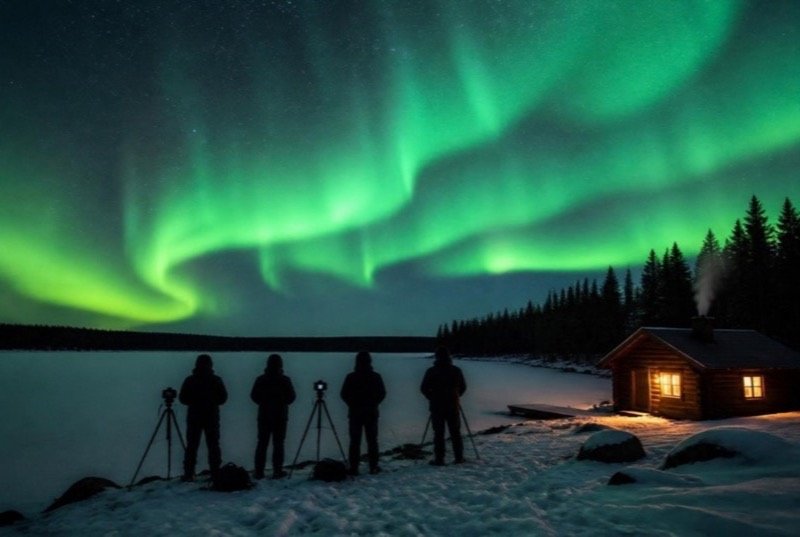 Green northern lights over a frozen lake, a group beside camera tripods and a lit wooden cabin nearby