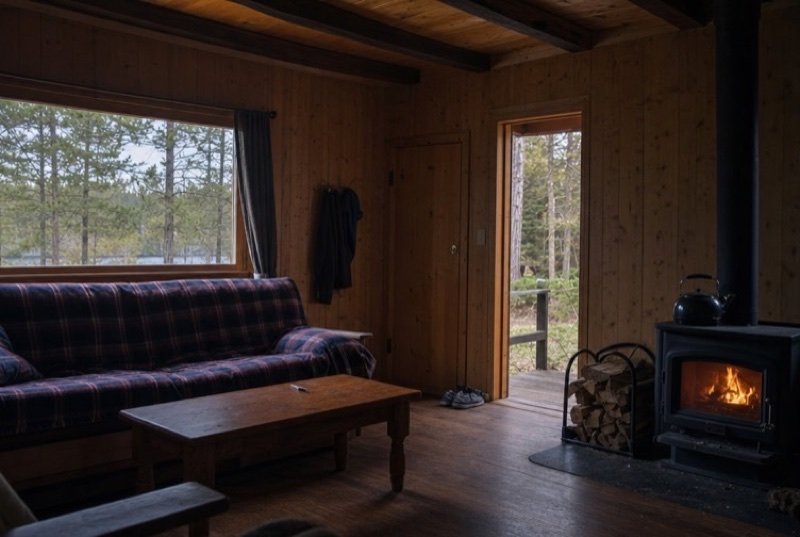 A wood-panelled cabin living room with a lit wood stove, plaid blankets and a window onto pines and a lake