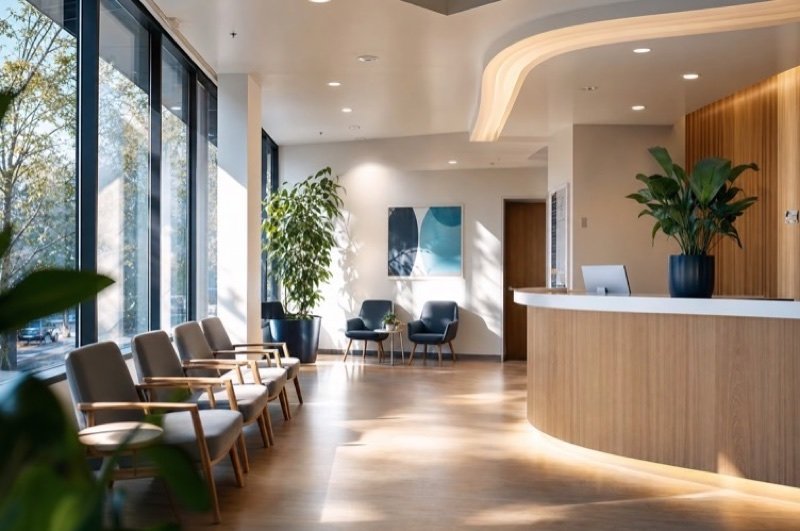 A bright clinic reception with a curved wooden counter, waiting chairs and tall windows