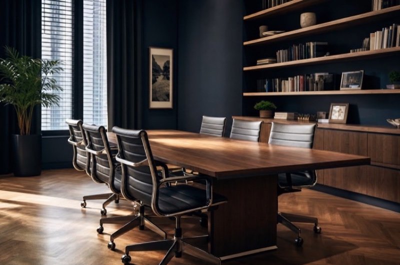 Leather-backed chairs pulled up to a long table in a book-lined meeting room with dim window light