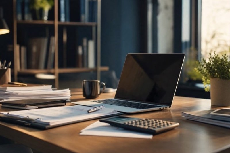 A tidy desk with a laptop, a calculator, a mug and stacked files in soft daylight