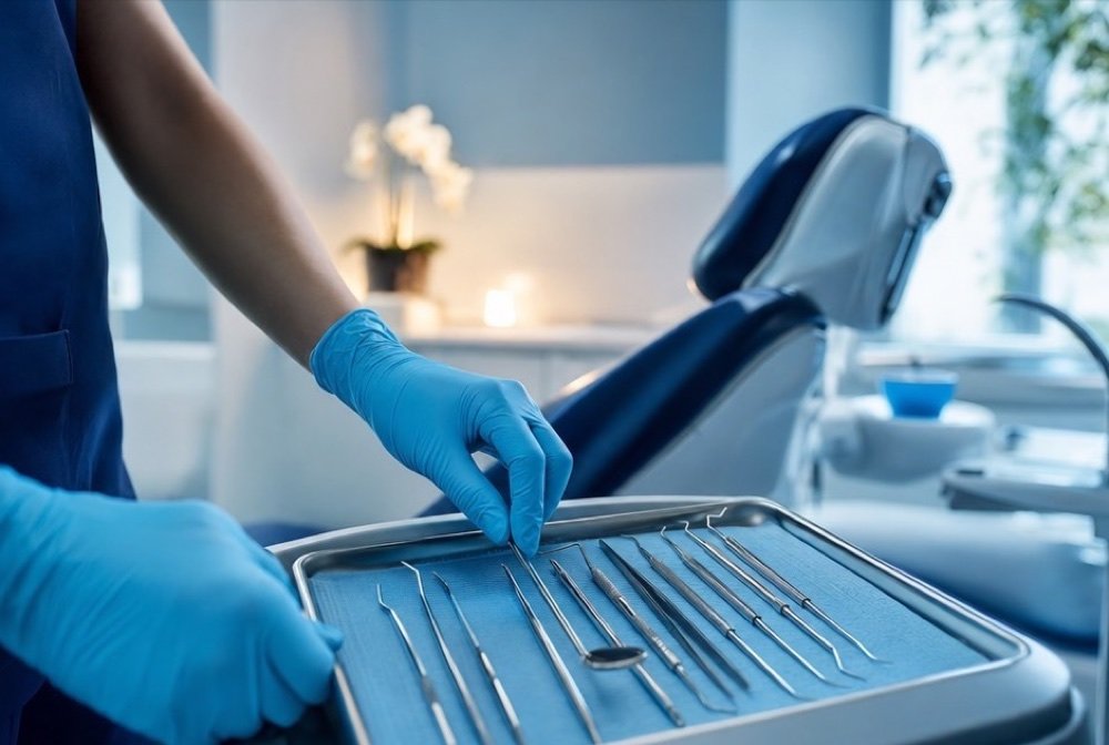 Gloved hand laying out dental instruments on a tray beside a treatment chair