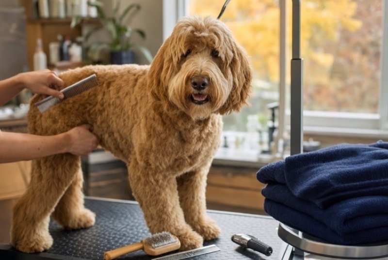A groomer brushing a curly-coated dog on a table in a bright studio
