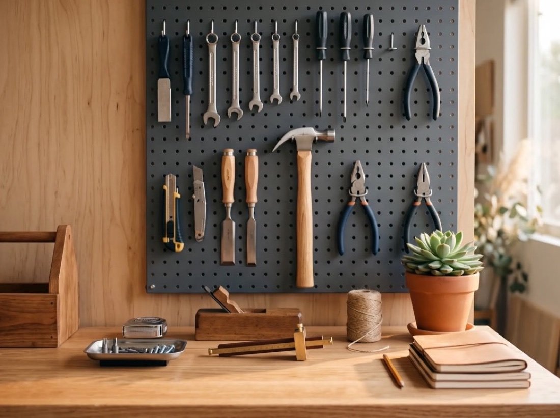 Hand tools hung on a grey pegboard over a tidy workbench with a wooden toolbox
