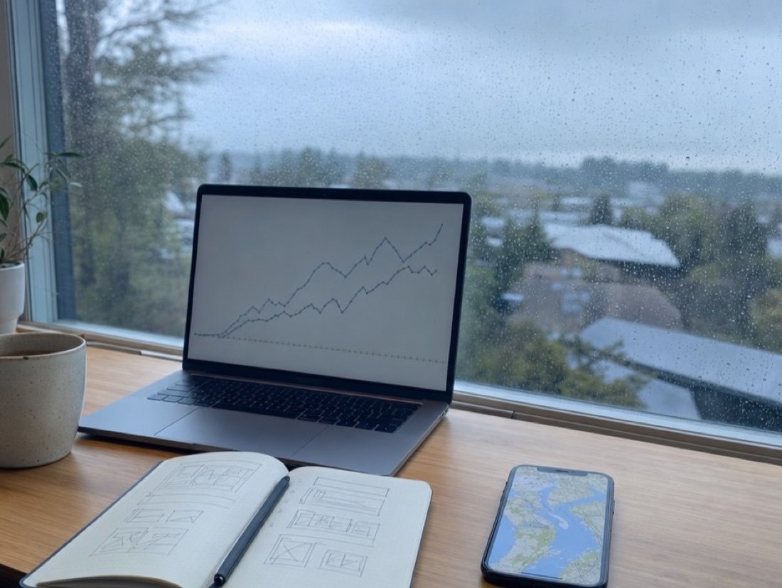 Upward-sloping graph on a laptop, a map open on a phone and page sketches, rain running down the glass beside them