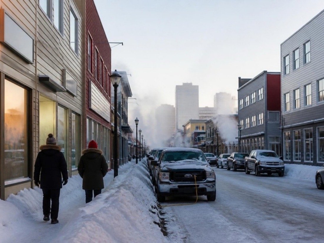 A low-rise downtown street in early winter, with snowbanks, parked pickups and warmly lit shop windows