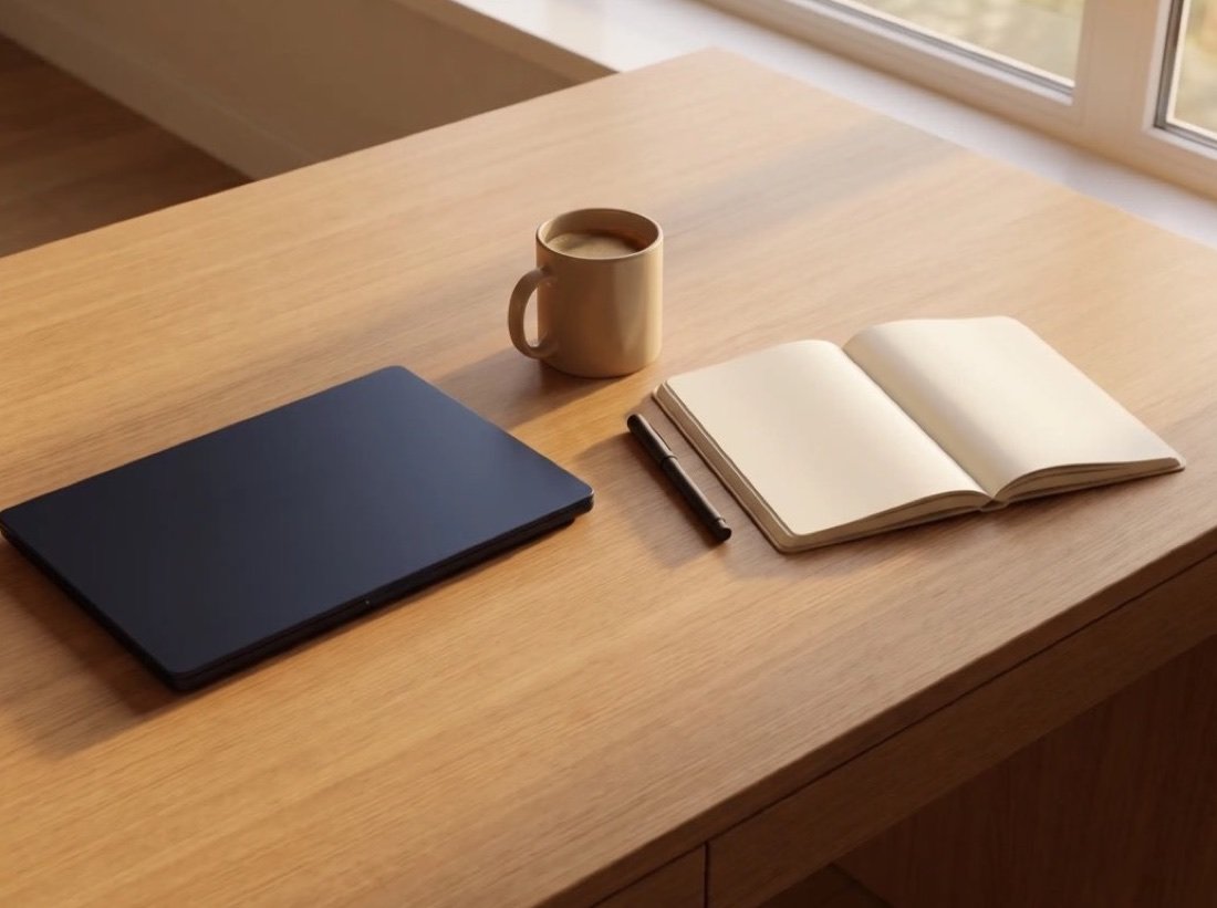 Blank notebook and pen beside a coffee mug and a shut laptop, warm oak desk in window light