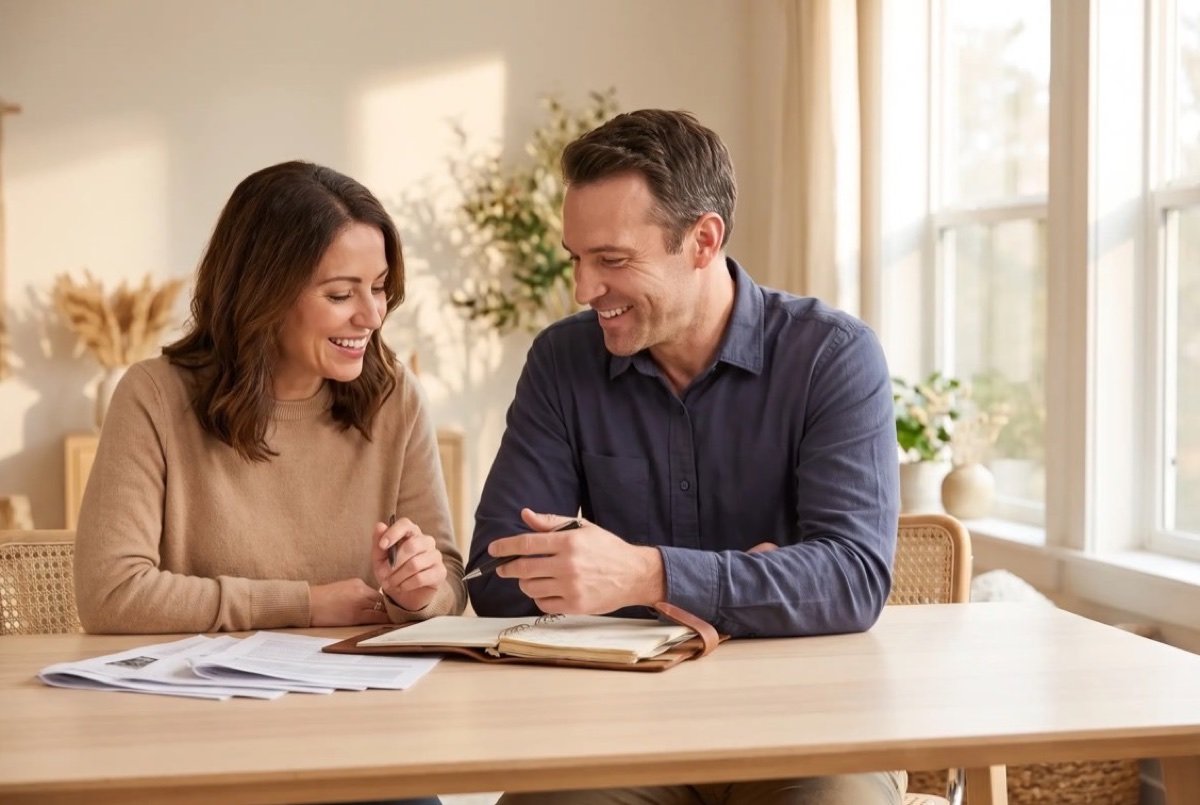 Owner and adviser talking through printed pages at a pale wooden table in a sunny room