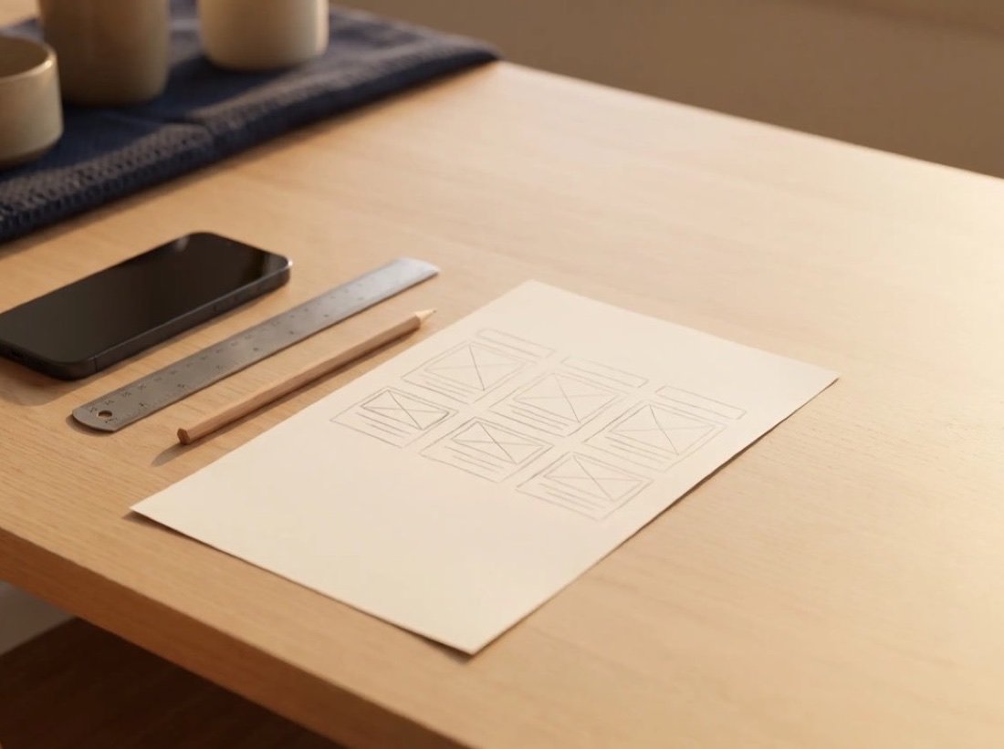 Hand-drawn wireframe on paper, with a metal ruler, pencil and phone laid alongside it