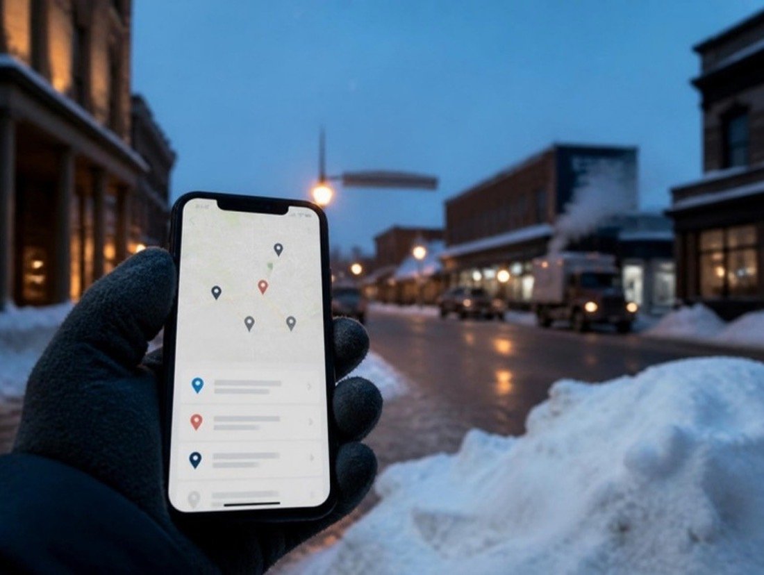 Smartphone in a winter glove displaying pinned locations, with snowbanks and glowing shop windows blurred behind it