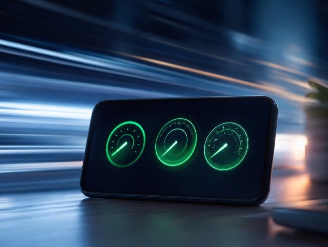 A phone screen showing three speed gauges in the green, resting on a desk