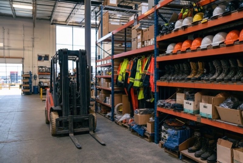 Racks of hard hats, high-visibility jackets and work boots in a supply warehouse, a forklift in the aisle