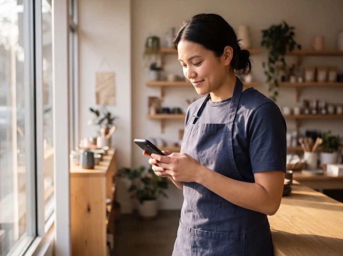 Owner in a work apron glancing at her phone in a sunny shop stocked with pottery and greenery