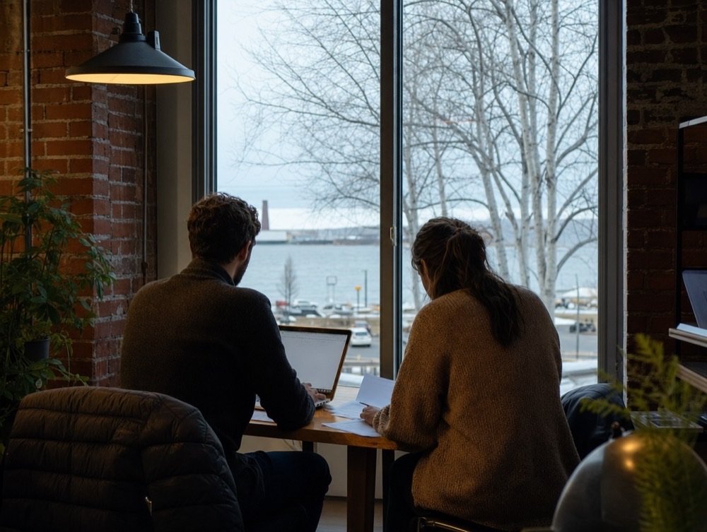 Seen from behind, a pair in knit sweaters going over notes and a laptop in a brick-walled office beside a tall window onto birches and a lake