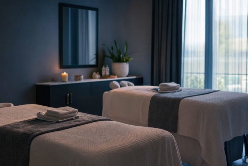 Two treatment tables made up with towels under low, warm light, a single candle burning