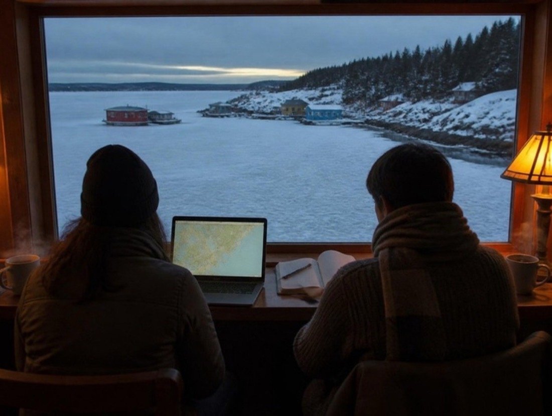 Two people with a laptop and notebook at a café window over a frozen bay, painted houseboats and spruce on the shore