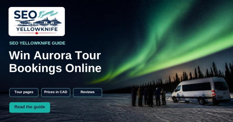 Graphic: “Win Aurora Tour Bookings Online”, with a tour group and van on a frozen lake under green northern lights
