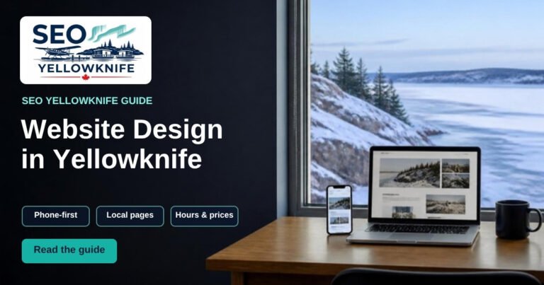 Graphic: “Website Design in Yellowknife”, with a laptop and phone showing a website on a desk by a window over a snowy bay