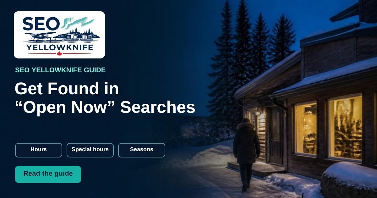 Graphic: “Get Found in Open Now Searches”, with a person walking to a café with glowing windows at winter dusk